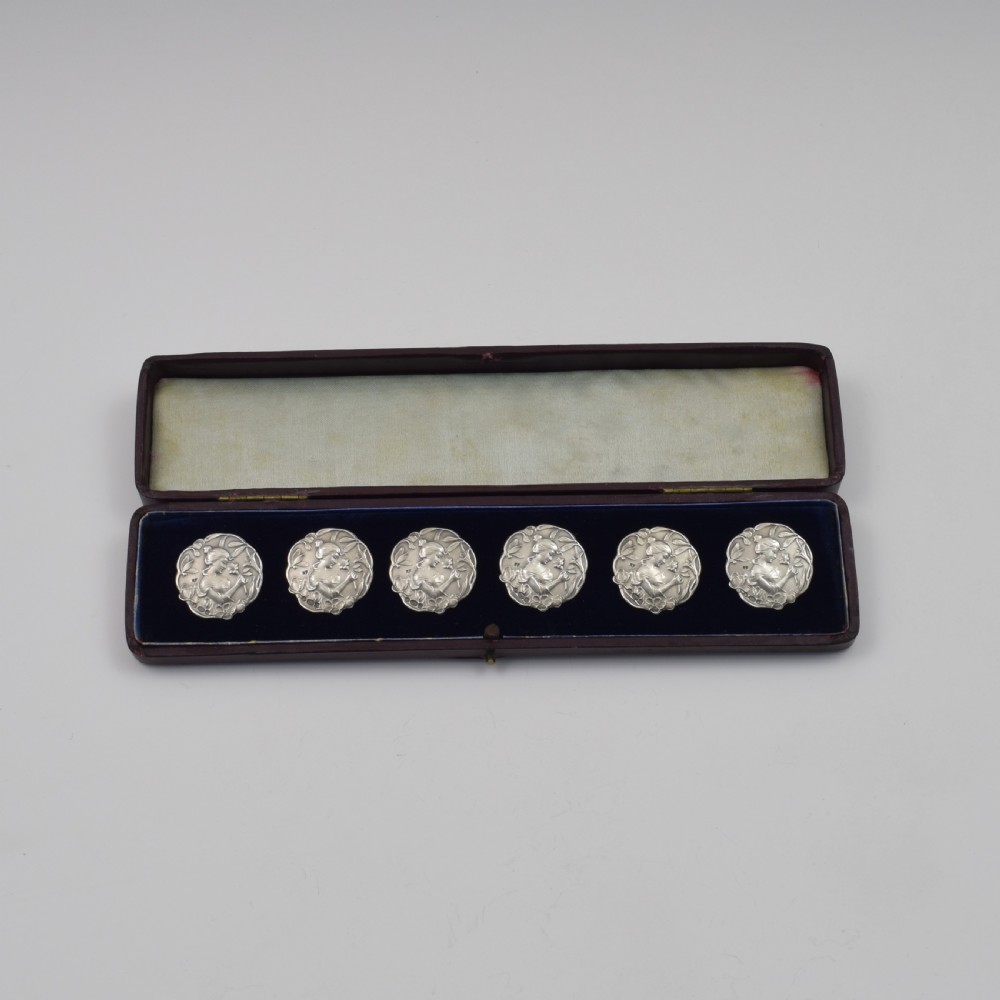 Cased Set Of Six Edwardian Art Nouveau Silver Maiden Buttons  View II