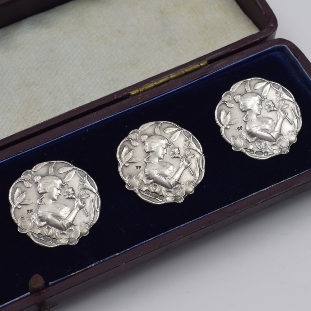 Cased Set Of Six Edwardian Art Nouveau Silver Maiden Buttons  View III