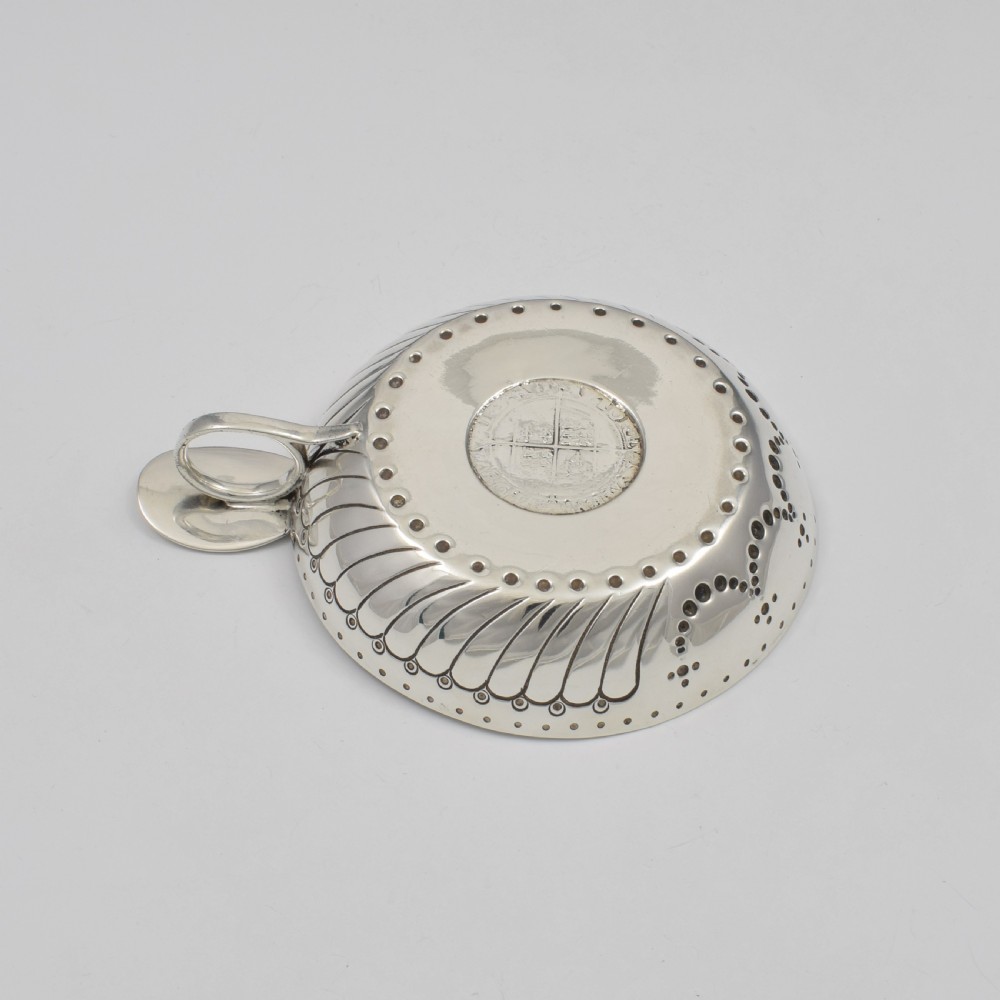 Large English Silver Wine Taster / Tastevin With Tudor Sixpence View VIII
