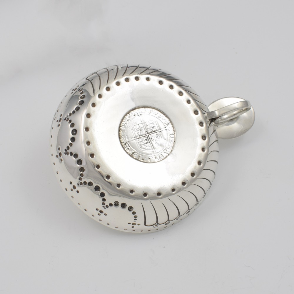 Large English Silver Wine Taster / Tastevin With Tudor Sixpence View XIV