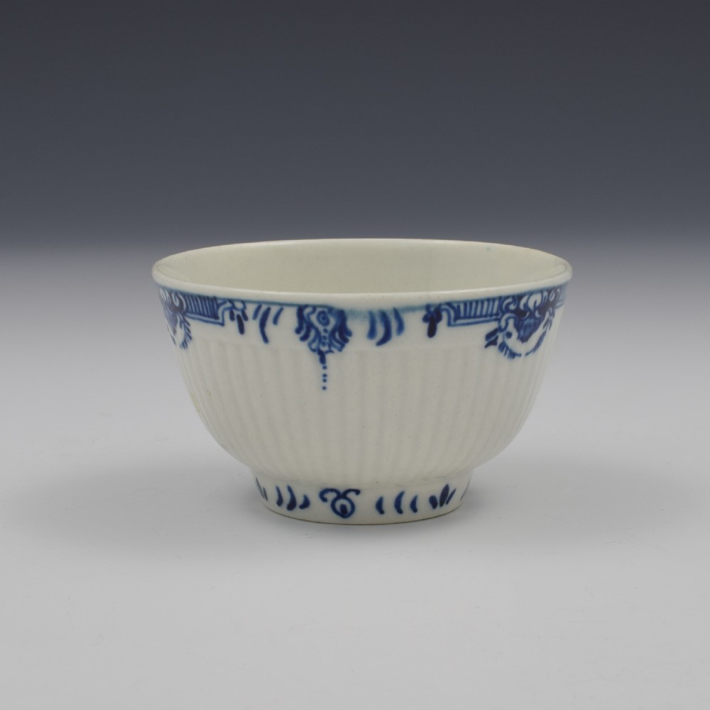 First Period Worcester Porcelain Ribbed Tea Bowl & Saucer Lambrequin Border View VI