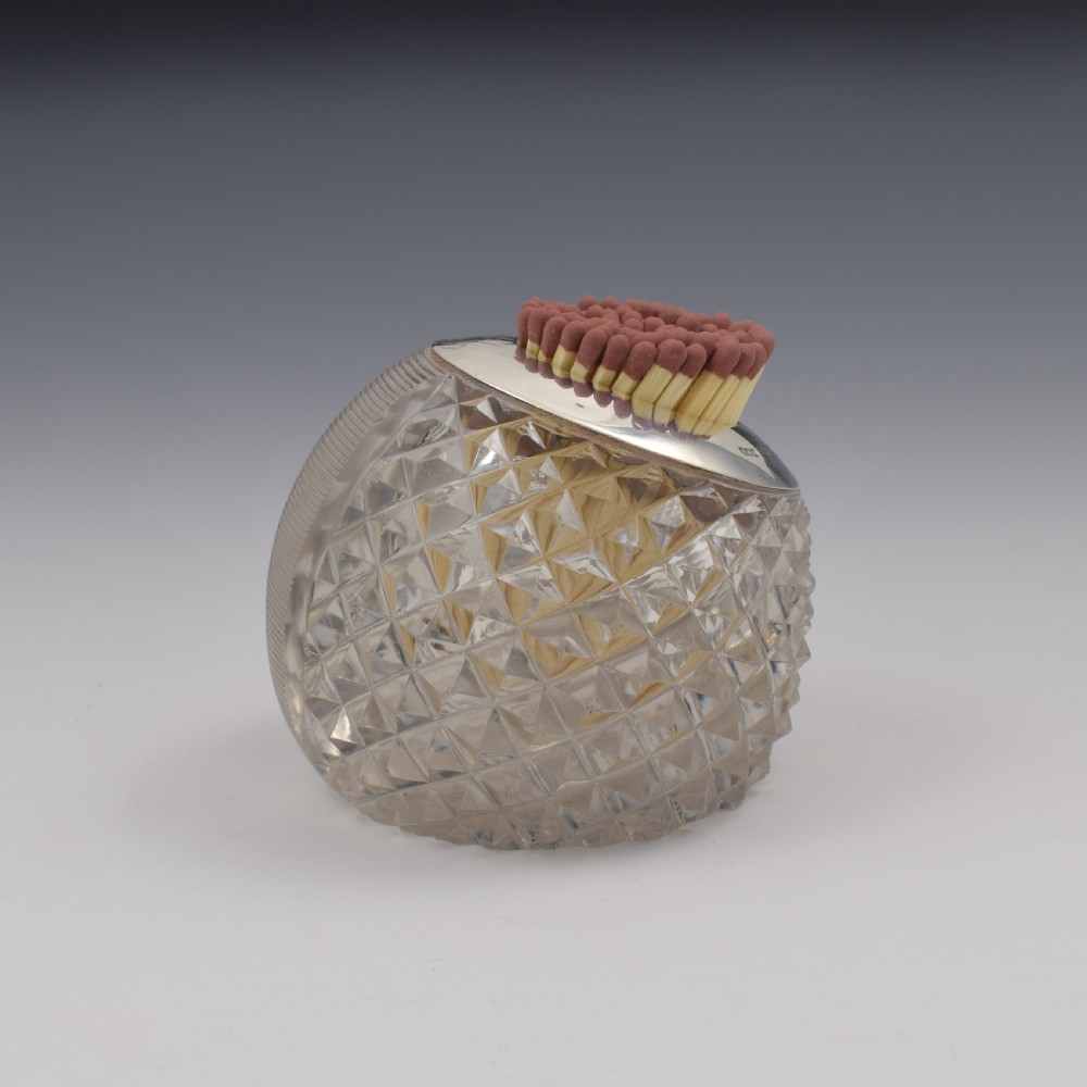 Unusual Victorian Sloped Base Threaded & Cut Glass & Silver Match Strike / Vesta View XI