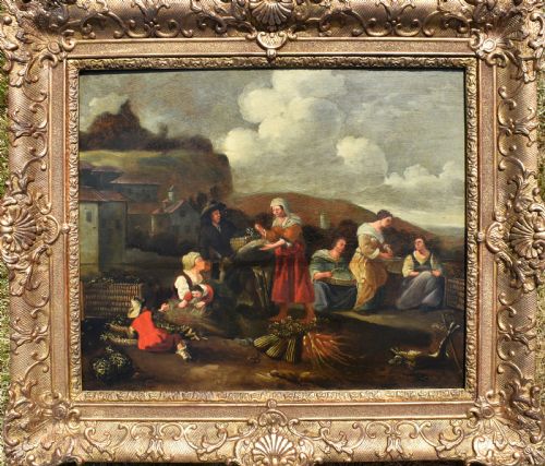 after hendrick mommers 16231693 haarlem vegetable market c1750 oil painting - CATEGORY: ANTIQUE ART - DATED 1750