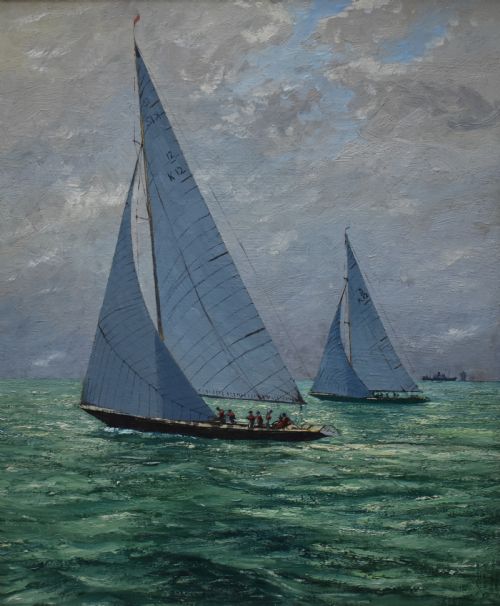CLAUDE MUNCASTER 19031974 SOVEREIGN AND KURREWA AMERICAS CUP INTEREST OIL PAINTING - ADDITIONAL PHOTO 1