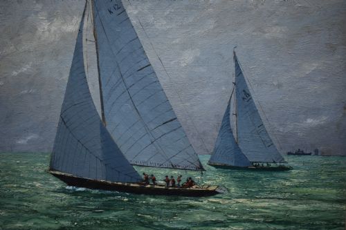 CLAUDE MUNCASTER 19031974 SOVEREIGN AND KURREWA AMERICAS CUP INTEREST OIL PAINTING - ADDITIONAL PHOTO 2