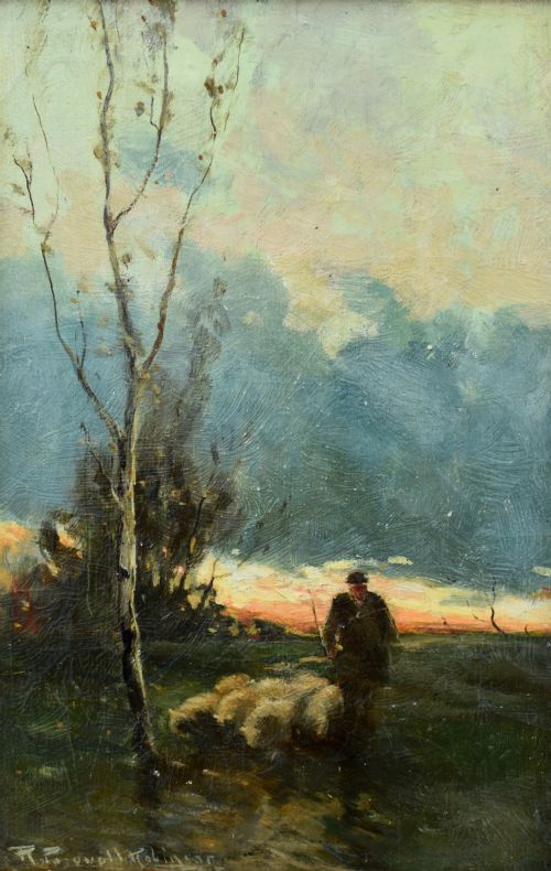 r pasquall robinson shepherd at sunset c1890 victorian oil painting - CATEGORY: ANTIQUE ART - DATED 1890