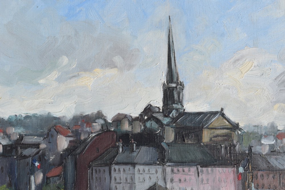 An impressionist oil painting depicting boats anchored in a French harbour against a backdrop of town buildings and a spire, set within an ornate carved frame. View III