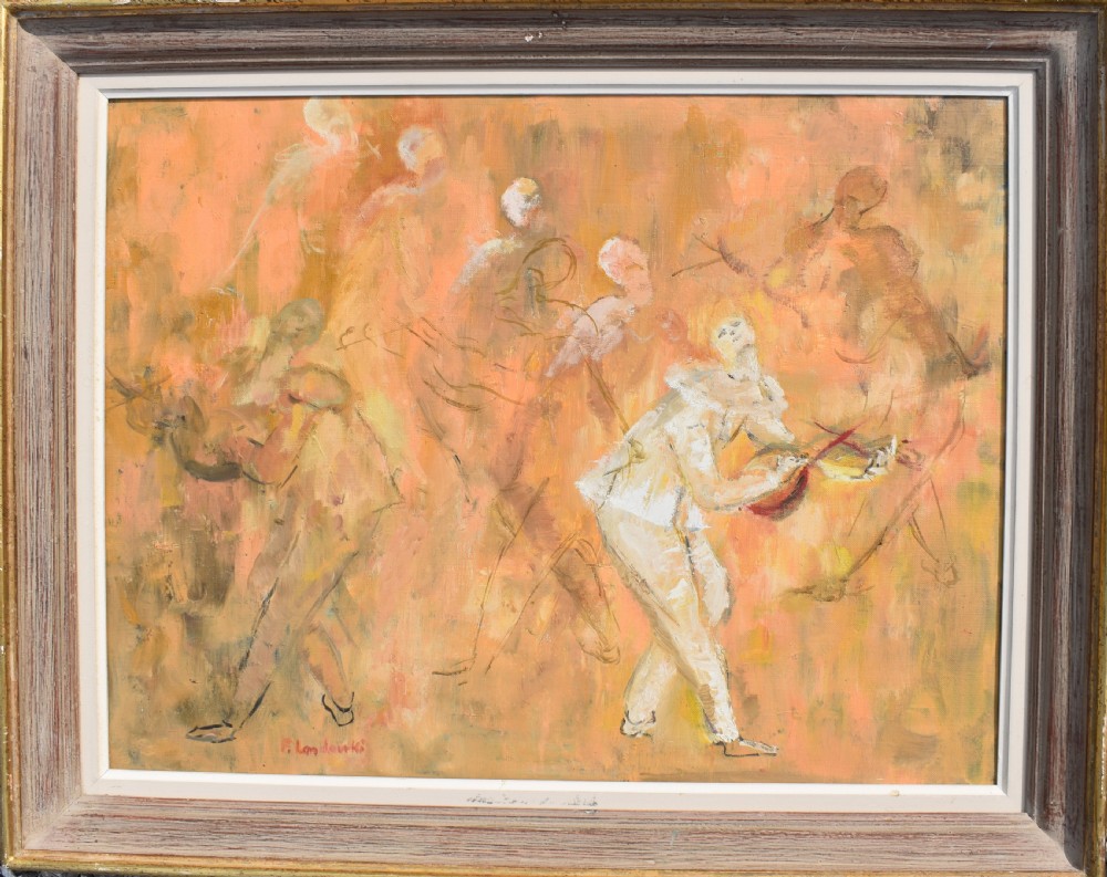 A mid-century oil painting on canvas depicting Pierrot and musical figures in warm peach and ochre tones set inside a timber frame.