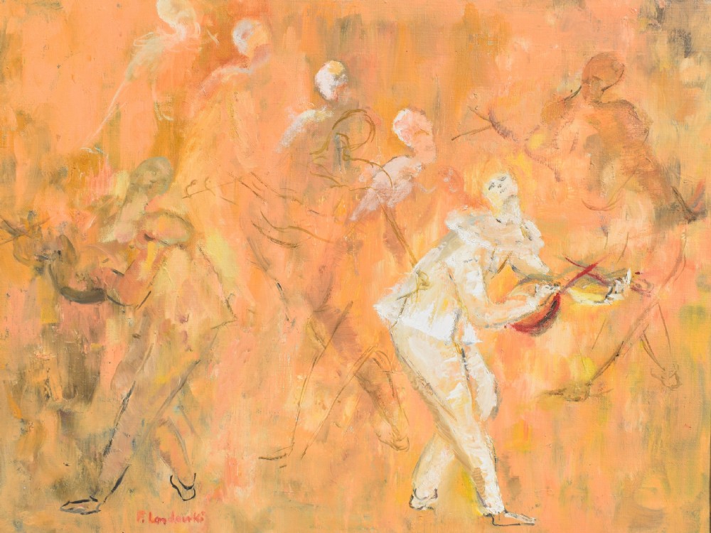 A mid-century oil painting on canvas depicting Pierrot and musical figures in warm peach and ochre tones set inside a timber frame. View II