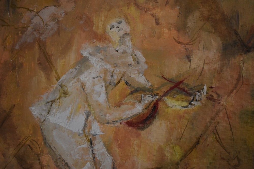 A mid-century oil painting on canvas depicting Pierrot and musical figures in warm peach and ochre tones set inside a timber frame. View III