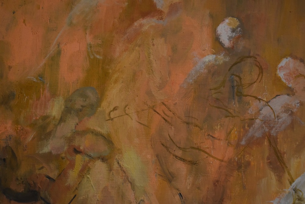 A mid-century oil painting on canvas depicting Pierrot and musical figures in warm peach and ochre tones set inside a timber frame. View IV