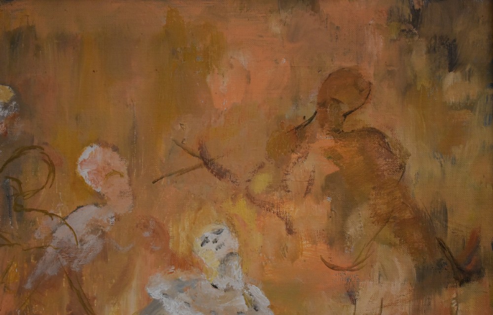 A mid-century oil painting on canvas depicting Pierrot and musical figures in warm peach and ochre tones set inside a timber frame. View VI