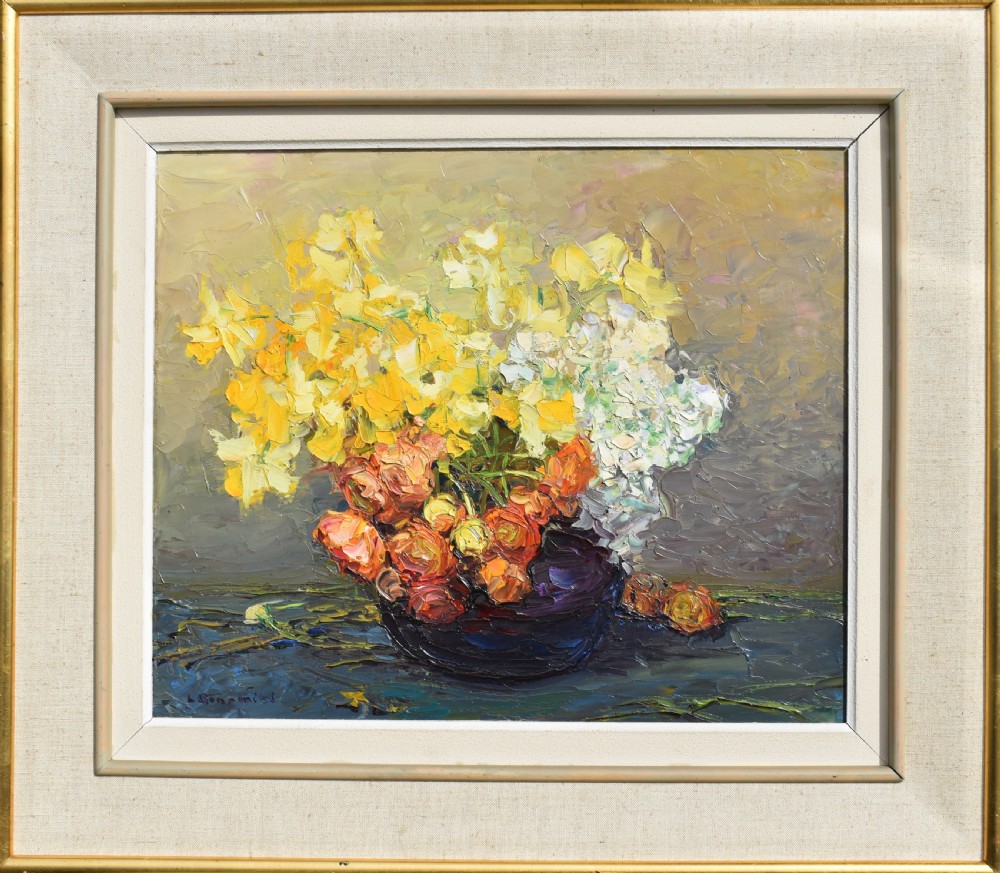A Post-Impressionist oil painting depicting a vibrant floral still life in yellow, orange, and white tones, rendered with thick impasto technique in a light-coloured framed mount.