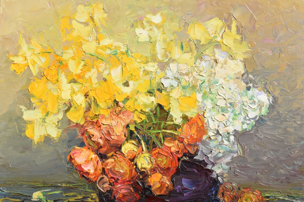 A Post-Impressionist oil painting depicting a vibrant floral still life in yellow, orange, and white tones, rendered with thick impasto technique in a light-coloured framed mount. View II