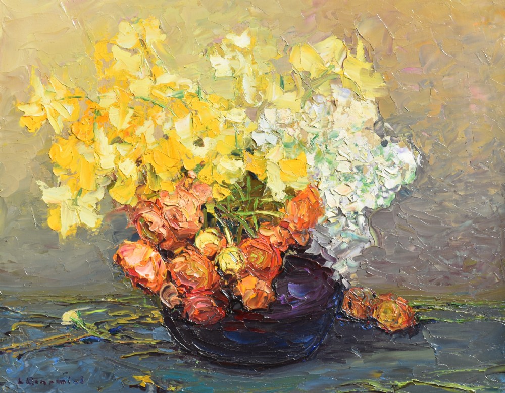 A Post-Impressionist oil painting depicting a vibrant floral still life in yellow, orange, and white tones, rendered with thick impasto technique in a light-coloured framed mount. View III