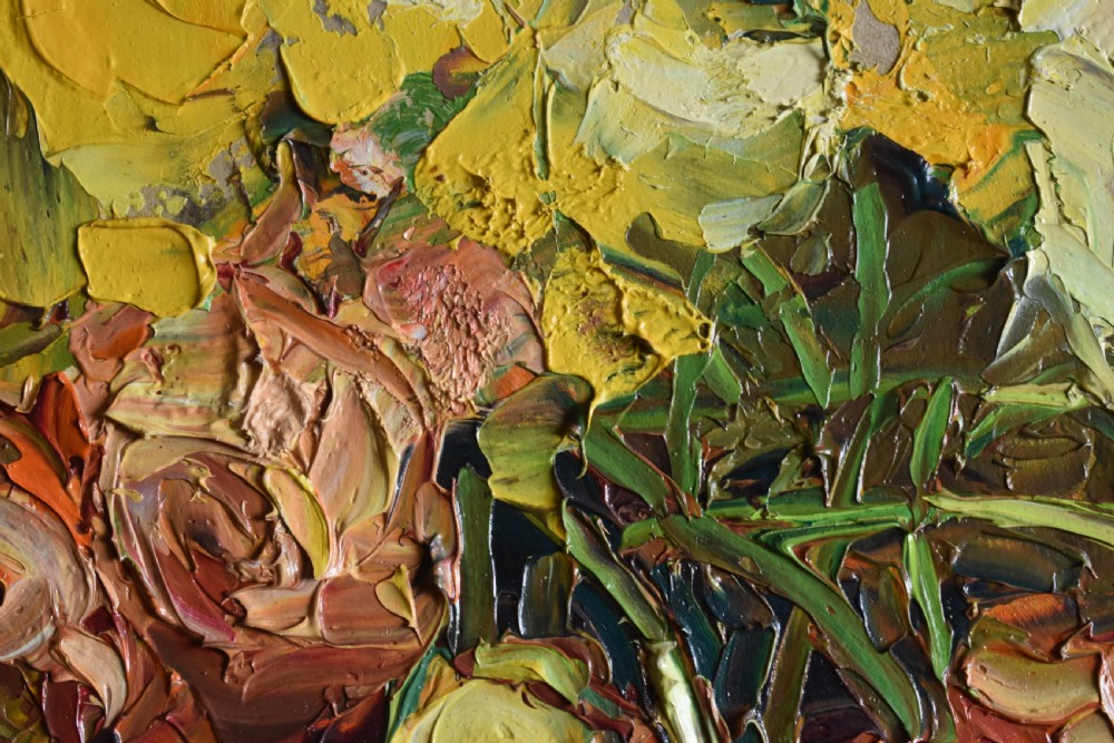 A Post-Impressionist oil painting depicting a vibrant floral still life in yellow, orange, and white tones, rendered with thick impasto technique in a light-coloured framed mount. View IV