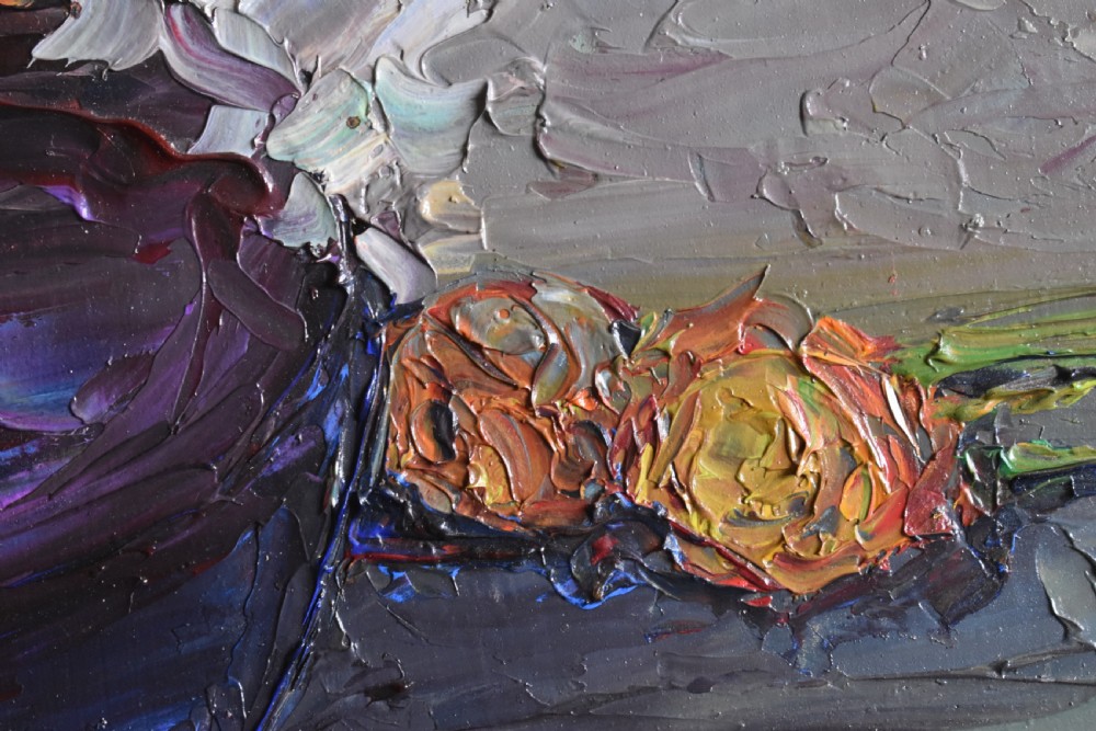 A Post-Impressionist oil painting depicting a vibrant floral still life in yellow, orange, and white tones, rendered with thick impasto technique in a light-coloured framed mount. View VI
