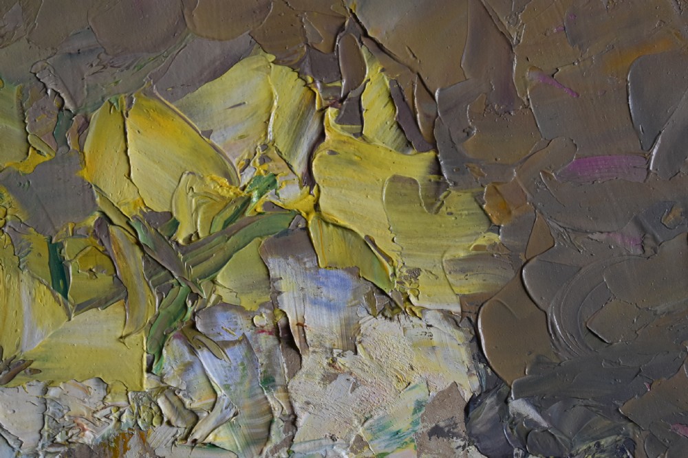 A Post-Impressionist oil painting depicting a vibrant floral still life in yellow, orange, and white tones, rendered with thick impasto technique in a light-coloured framed mount. View VII