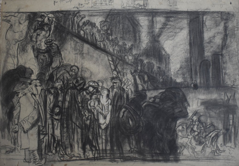 A monochrome print on paper depicting crowded figures and architectural structures with charcoal shading after Frank Brangwyn.