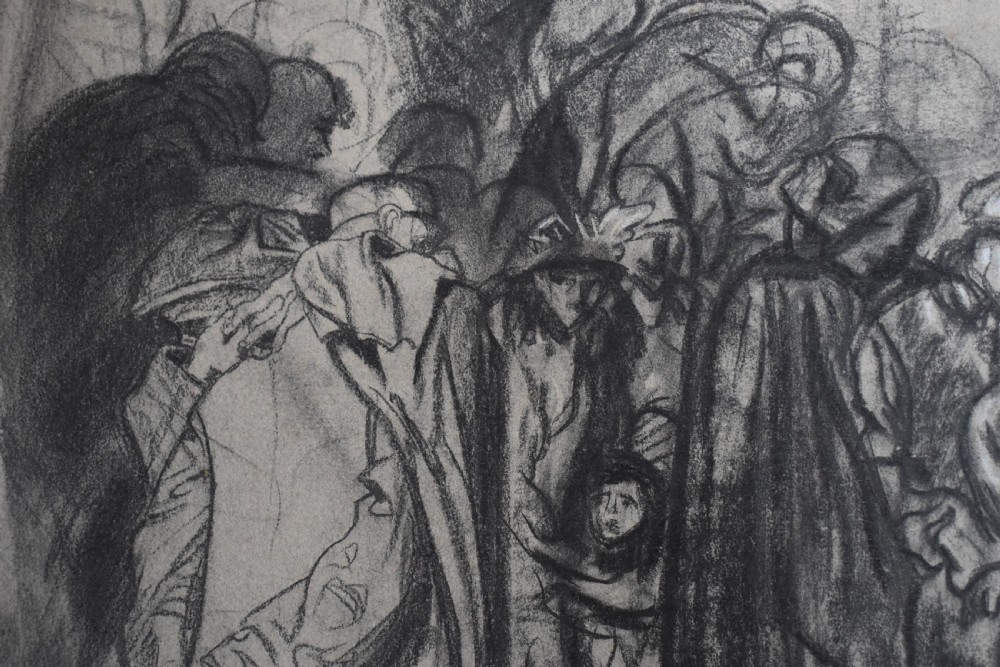 A monochrome print on paper depicting crowded figures and architectural structures with charcoal shading after Frank Brangwyn. View II