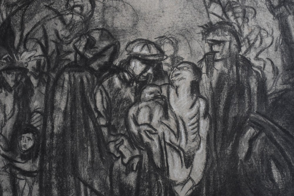 A monochrome print on paper depicting crowded figures and architectural structures with charcoal shading after Frank Brangwyn. View III