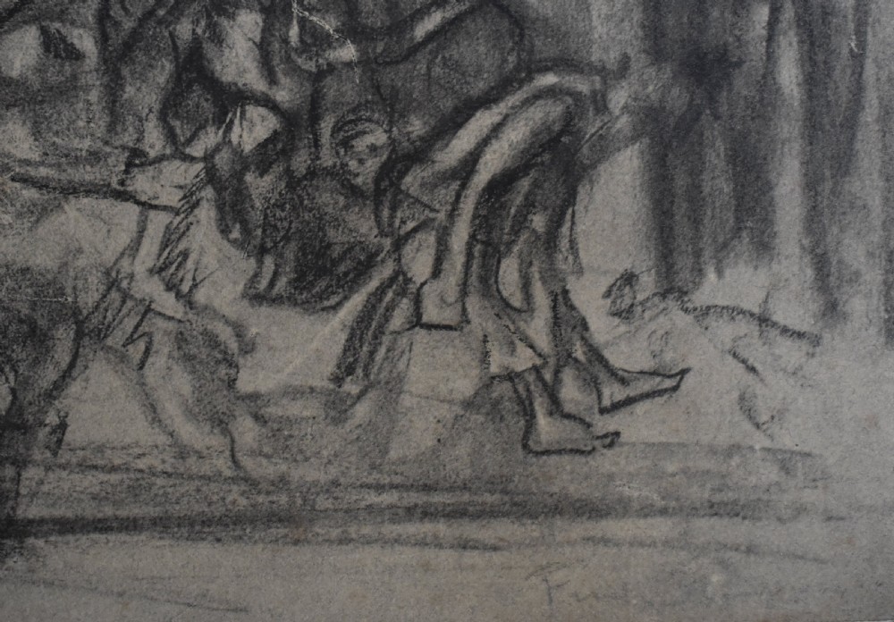 A monochrome print on paper depicting crowded figures and architectural structures with charcoal shading after Frank Brangwyn. View IV