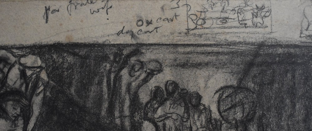 A monochrome print on paper depicting crowded figures and architectural structures with charcoal shading after Frank Brangwyn. View V