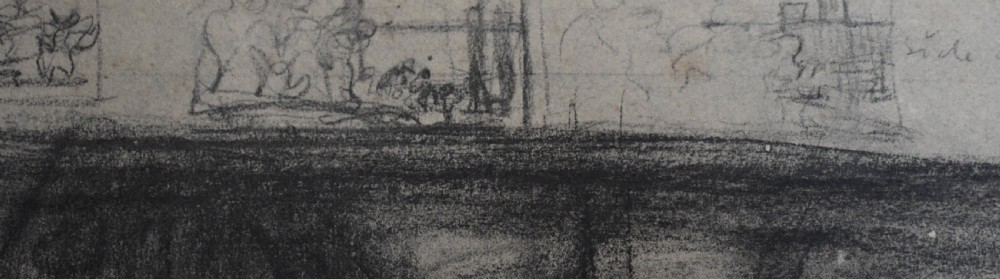 A monochrome print on paper depicting crowded figures and architectural structures with charcoal shading after Frank Brangwyn. View VI