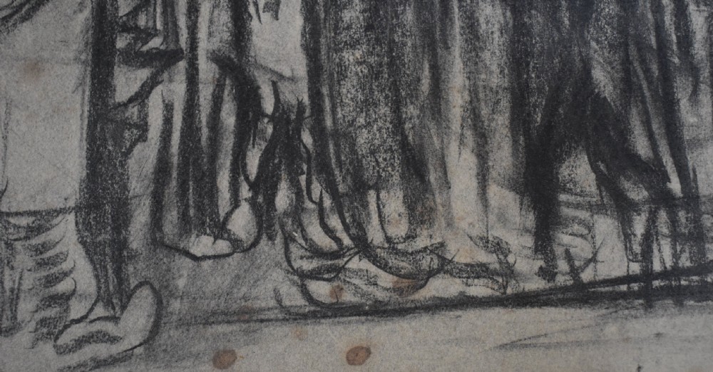 A monochrome print on paper depicting crowded figures and architectural structures with charcoal shading after Frank Brangwyn. View VII