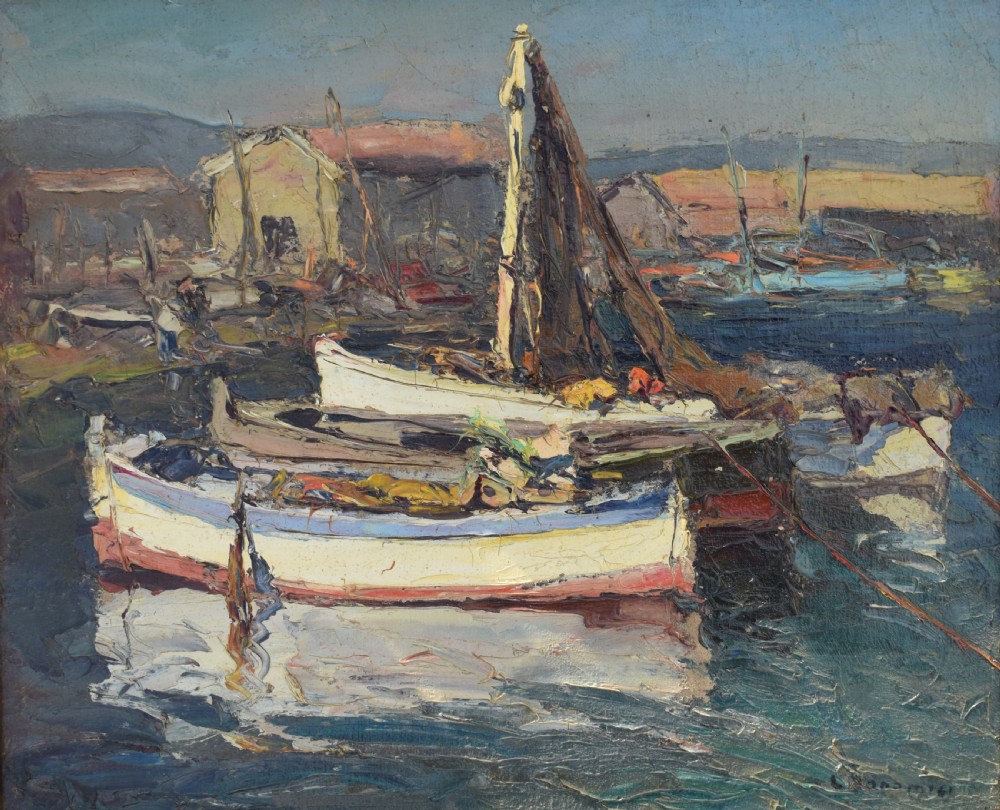A framed Post-Impressionist oil painting depicting moored fishing boats in a Mediterranean harbour, housed in a carved gilt frame with a cream inner border. View II