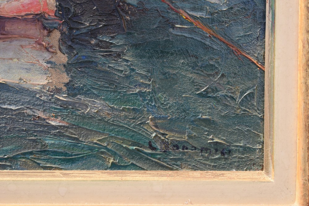 A framed Post-Impressionist oil painting depicting moored fishing boats in a Mediterranean harbour, housed in a carved gilt frame with a cream inner border. View IV