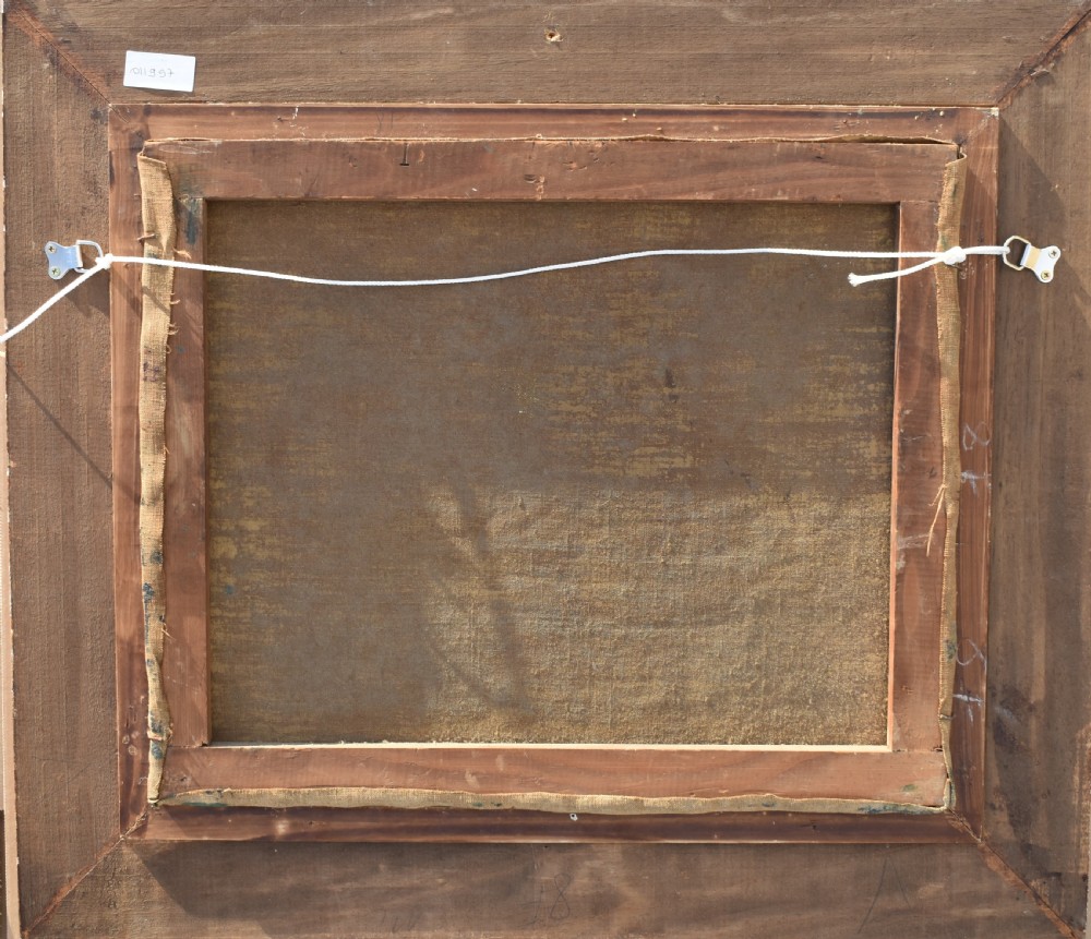 A framed Post-Impressionist oil painting depicting moored fishing boats in a Mediterranean harbour, housed in a carved gilt frame with a cream inner border. View VIII