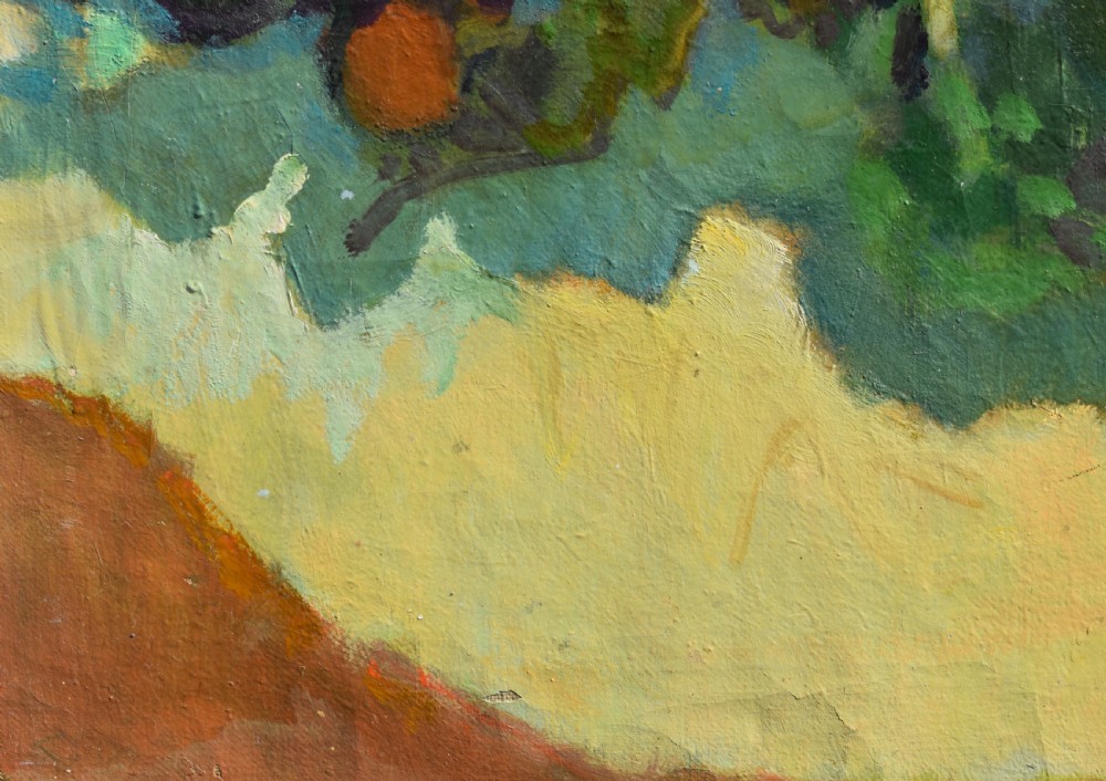 A framed post-impressionist still life oil painting depicting a glass jug, dark grapes, and yellow fruit on a draped surface. View IV
