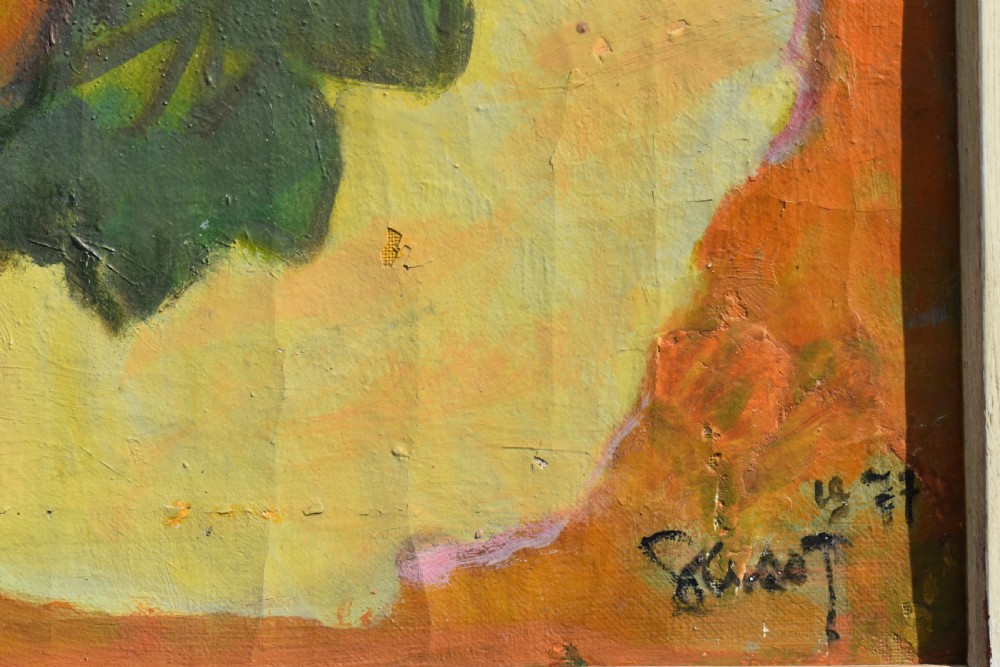 A framed post-impressionist still life oil painting depicting a glass jug, dark grapes, and yellow fruit on a draped surface. View VI