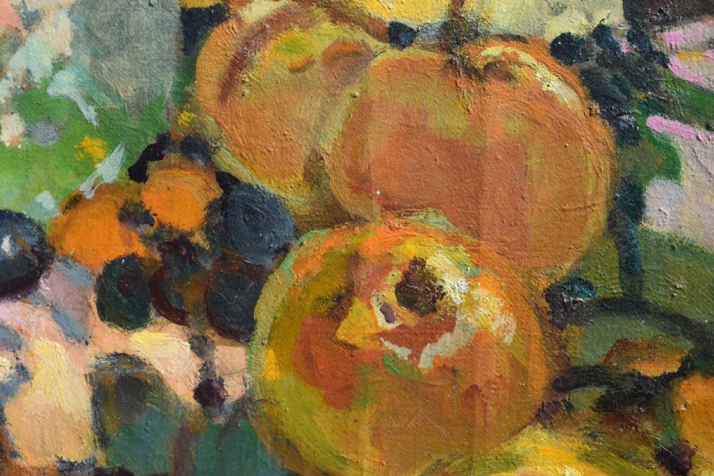 A framed post-impressionist still life oil painting depicting a glass jug, dark grapes, and yellow fruit on a draped surface. View VII