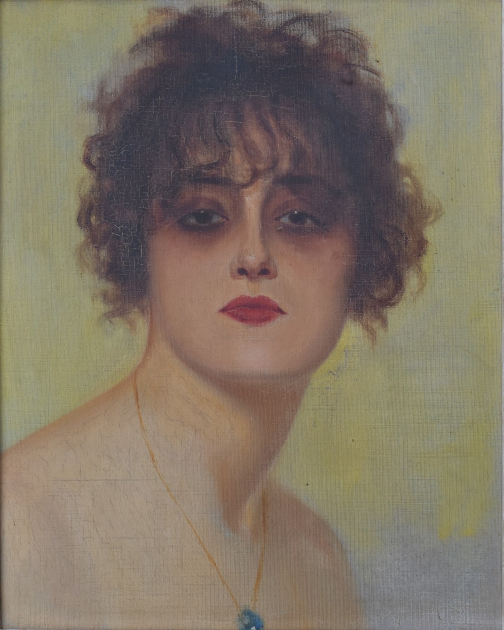 An Art Deco oil painting depicting a woman with short dark curly hair and red lipstick, presented in a textured grey and cream painted frame. View II