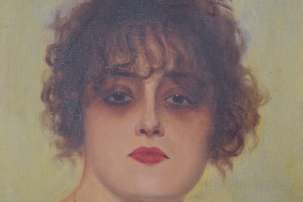 An Art Deco oil painting depicting a woman with short dark curly hair and red lipstick, presented in a textured grey and cream painted frame. View III