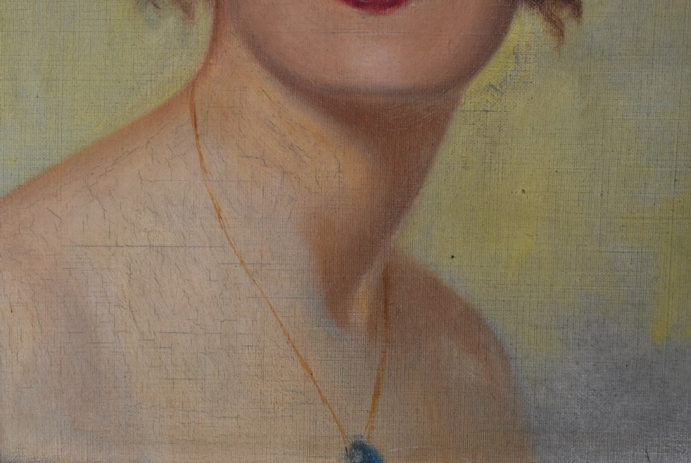 An Art Deco oil painting depicting a woman with short dark curly hair and red lipstick, presented in a textured grey and cream painted frame. View IV