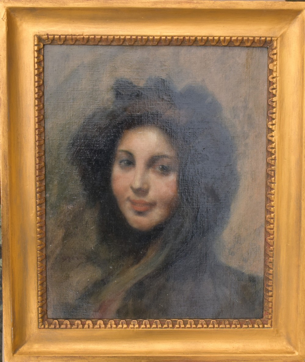 A 19th-century oil portrait of a woman wearing a dark bonnet, displayed in a golden rectangular wooden frame.