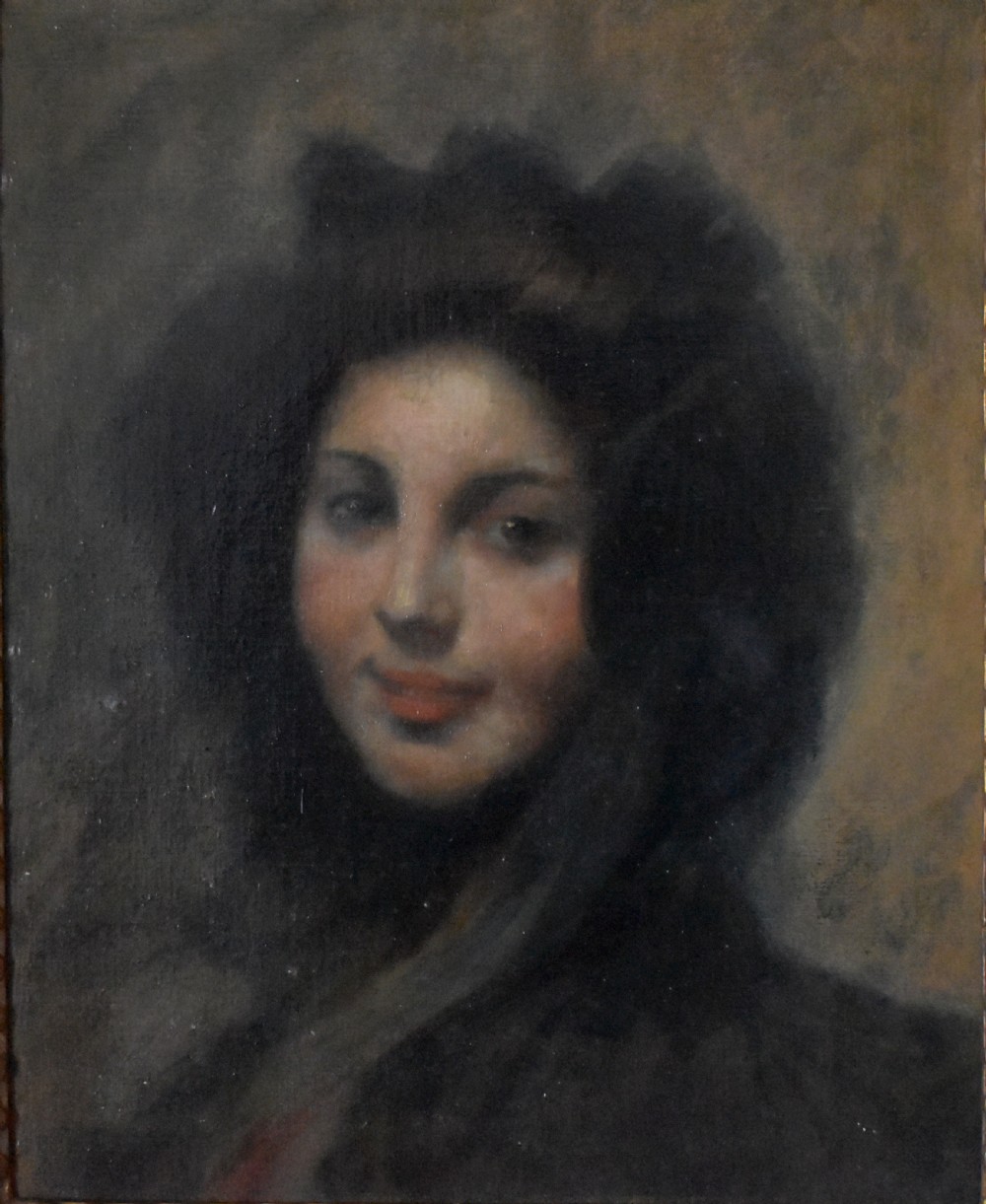 A 19th-century oil portrait of a woman wearing a dark bonnet, displayed in a golden rectangular wooden frame. View V