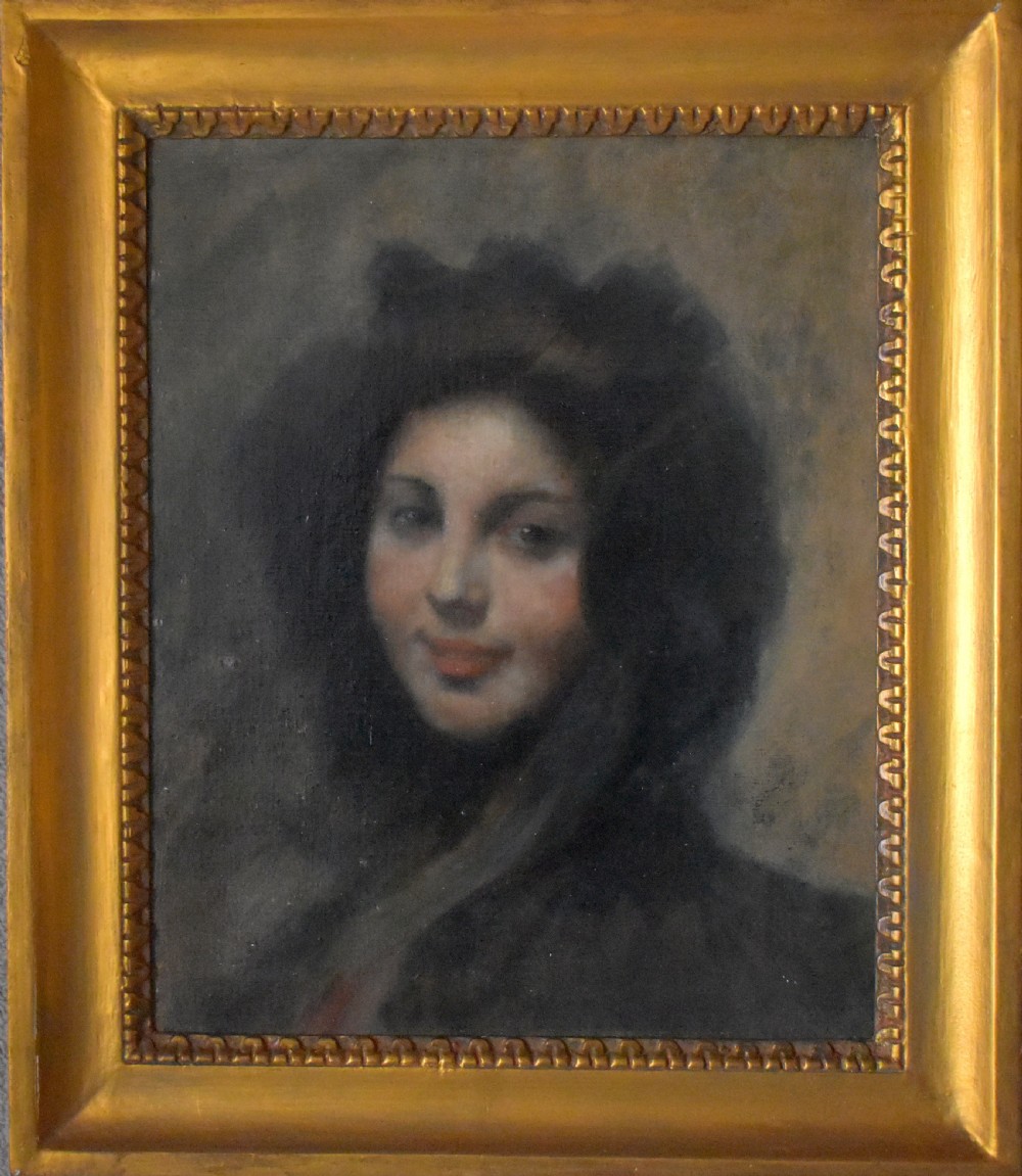 A 19th-century oil portrait of a woman wearing a dark bonnet, displayed in a golden rectangular wooden frame. View VI