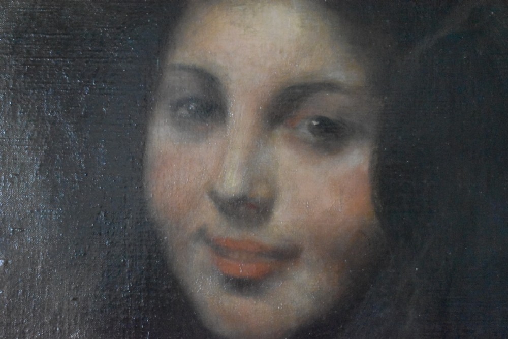 A 19th-century oil portrait of a woman wearing a dark bonnet, displayed in a golden rectangular wooden frame. View VII