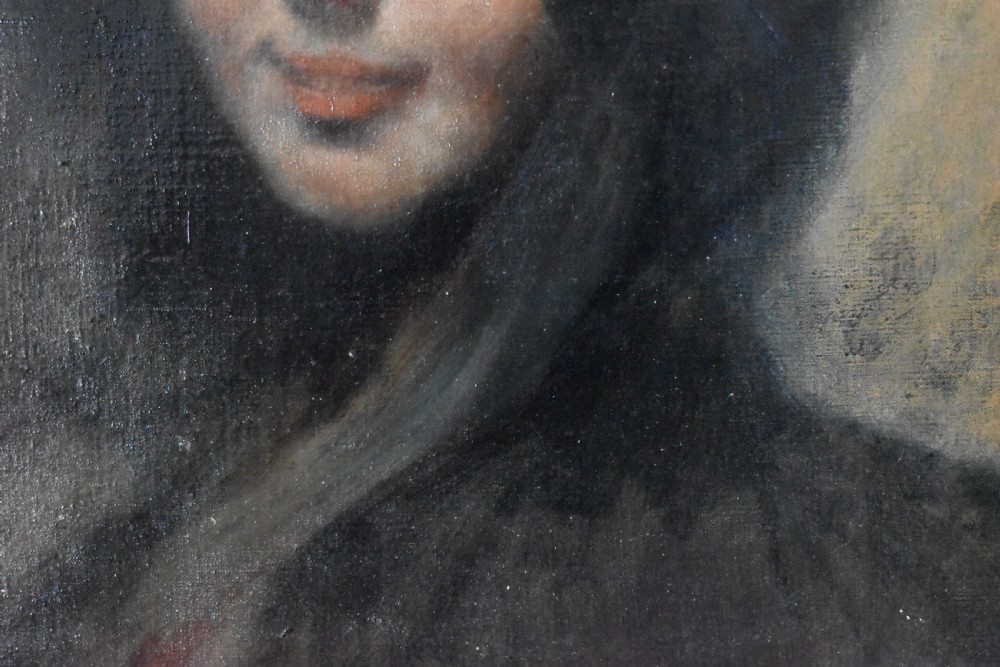 A 19th-century oil portrait of a woman wearing a dark bonnet, displayed in a golden rectangular wooden frame. View VIII