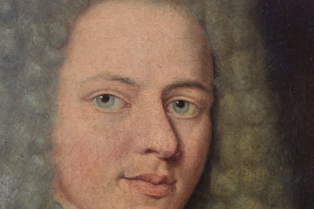 An 18th-century Baroque oil painting depicting a gentleman wearing full plate armour and a powdered wig, set within a heavily moulded giltwood frame. View III
