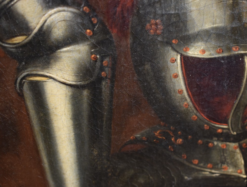 An 18th-century Baroque oil painting depicting a gentleman wearing full plate armour and a powdered wig, set within a heavily moulded giltwood frame. View XI