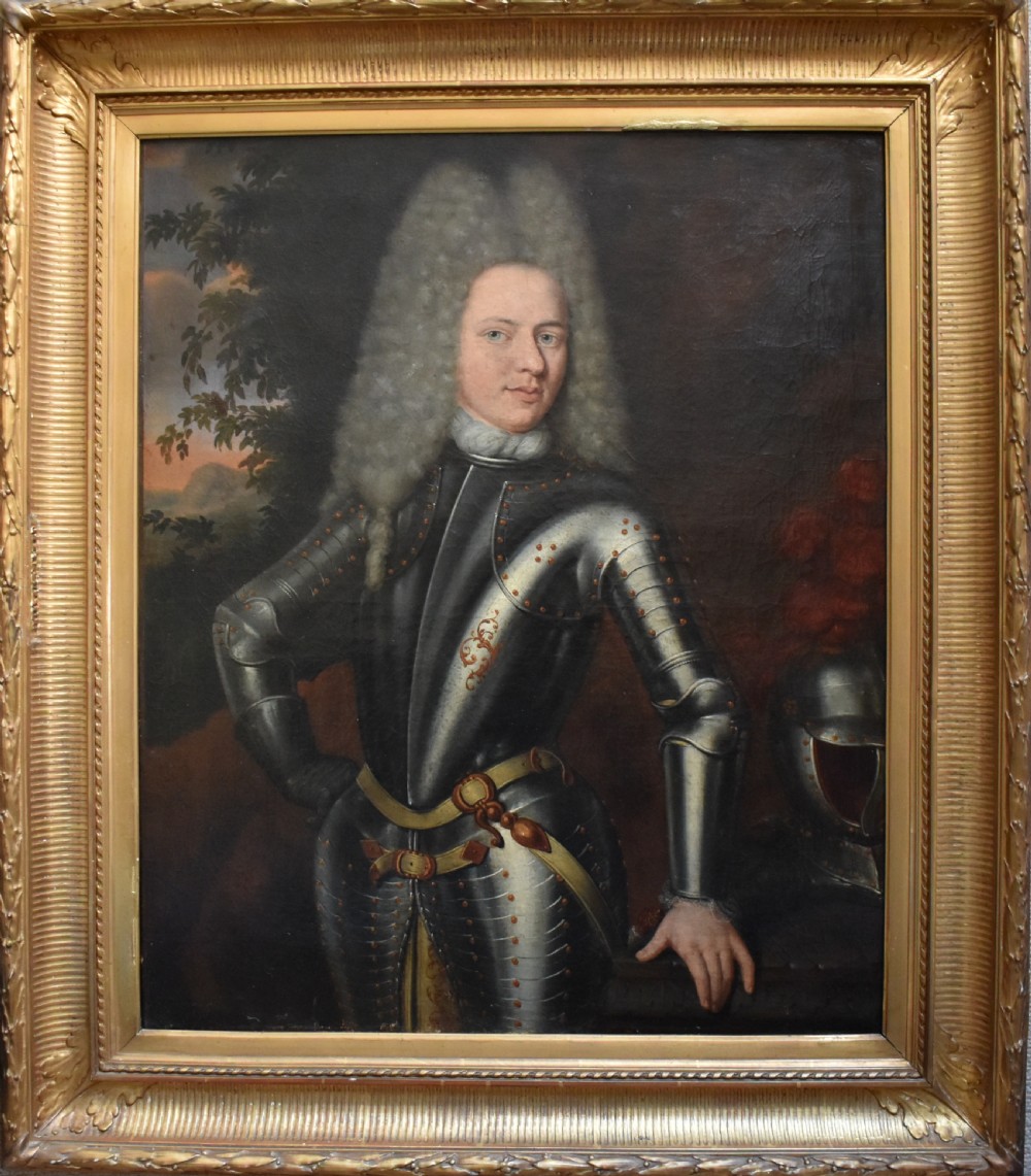An 18th-century Baroque oil painting depicting a gentleman wearing full plate armour and a powdered wig, set within a heavily moulded giltwood frame. View XIX