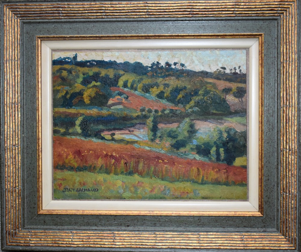 A framed Post-Impressionist oil painting displaying a rolling rural French landscape with green and terracotta fields under a light sky.
