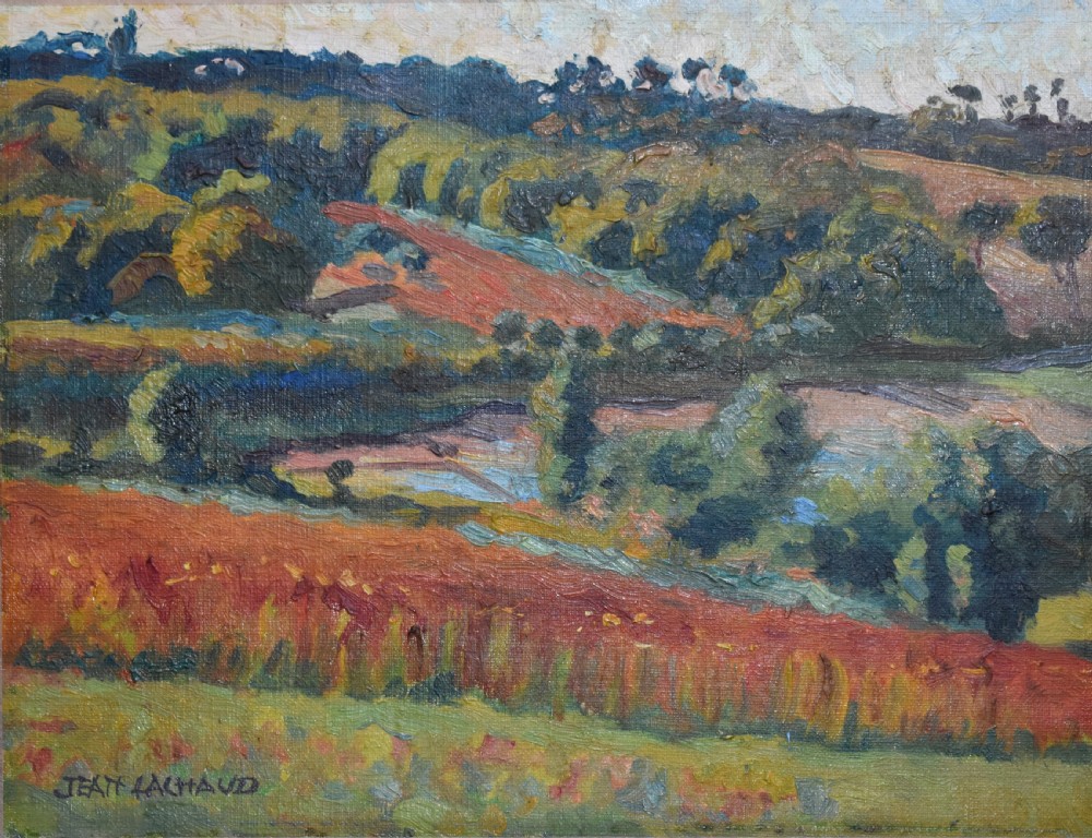 A framed Post-Impressionist oil painting displaying a rolling rural French landscape with green and terracotta fields under a light sky. View II