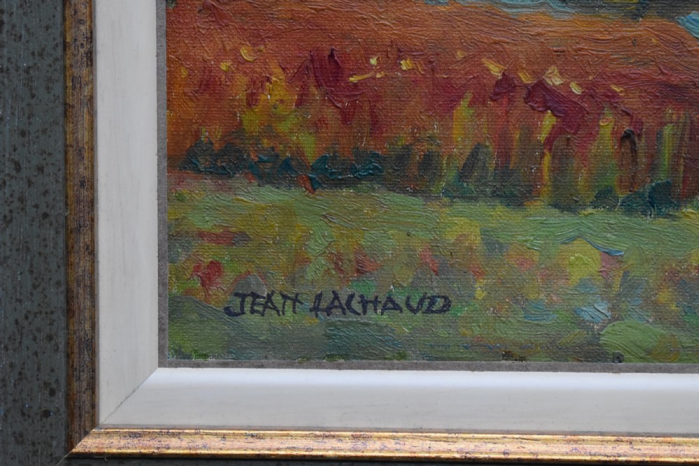 A framed Post-Impressionist oil painting displaying a rolling rural French landscape with green and terracotta fields under a light sky. View III