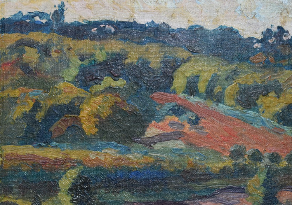 A framed Post-Impressionist oil painting displaying a rolling rural French landscape with green and terracotta fields under a light sky. View IV